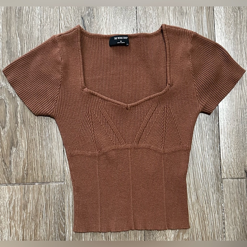 Brown Ribbed Knit Top